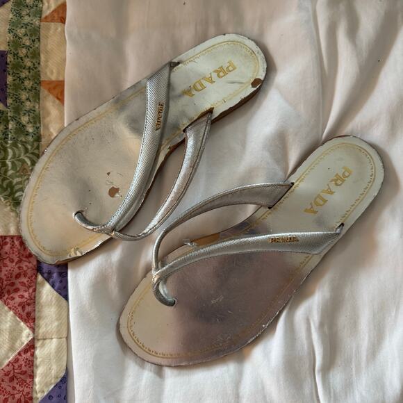 PRADA Silver Logo Flip Flop Sandal Size 37 Casual comfort summer spring - Picture 1 of 5